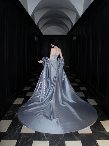 Shiny A Line Strapless Sequin Grey Tulle Satin Long Prom Dress Party Dress HZ1023